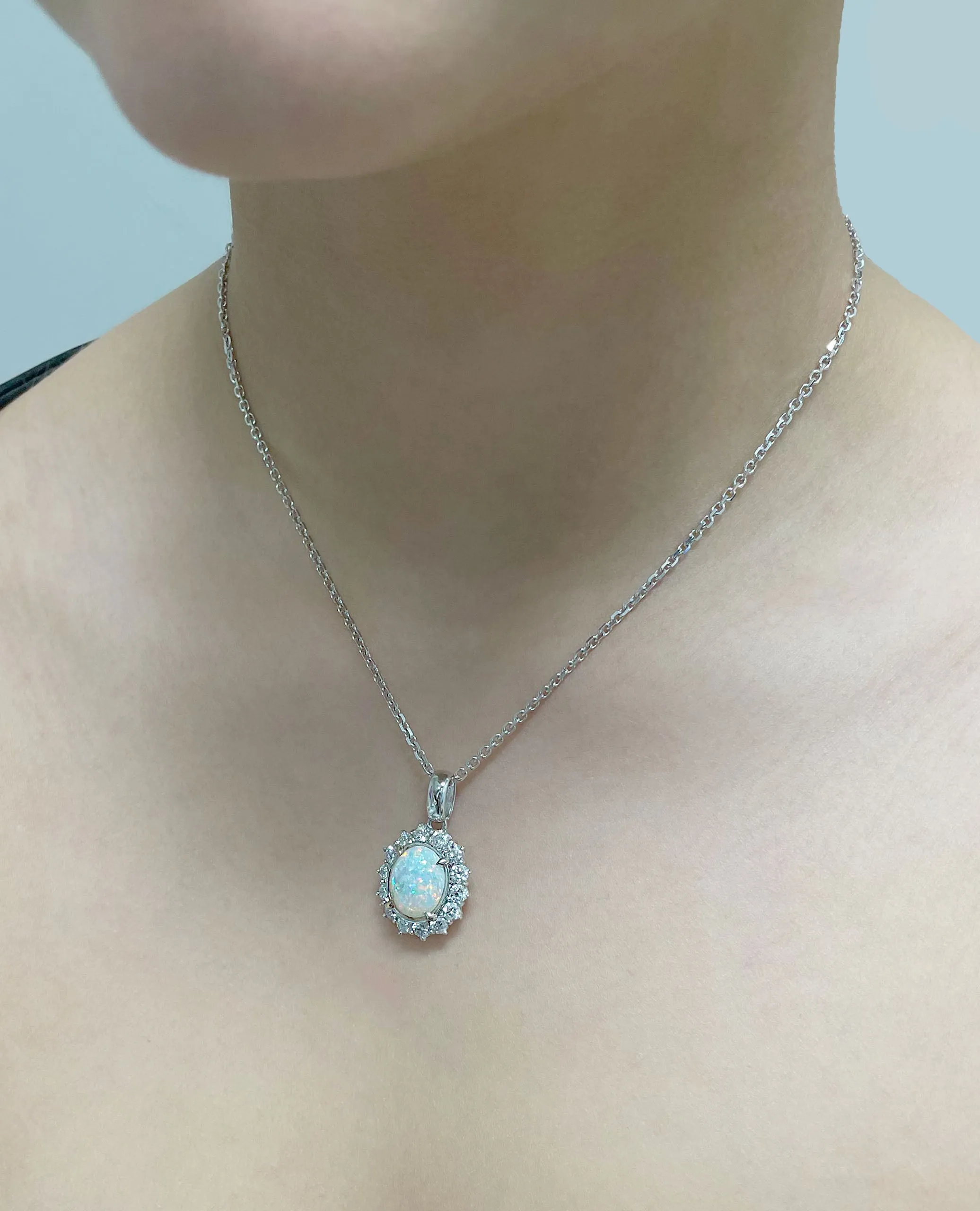 14K White Gold Opal and Diamond Necklace