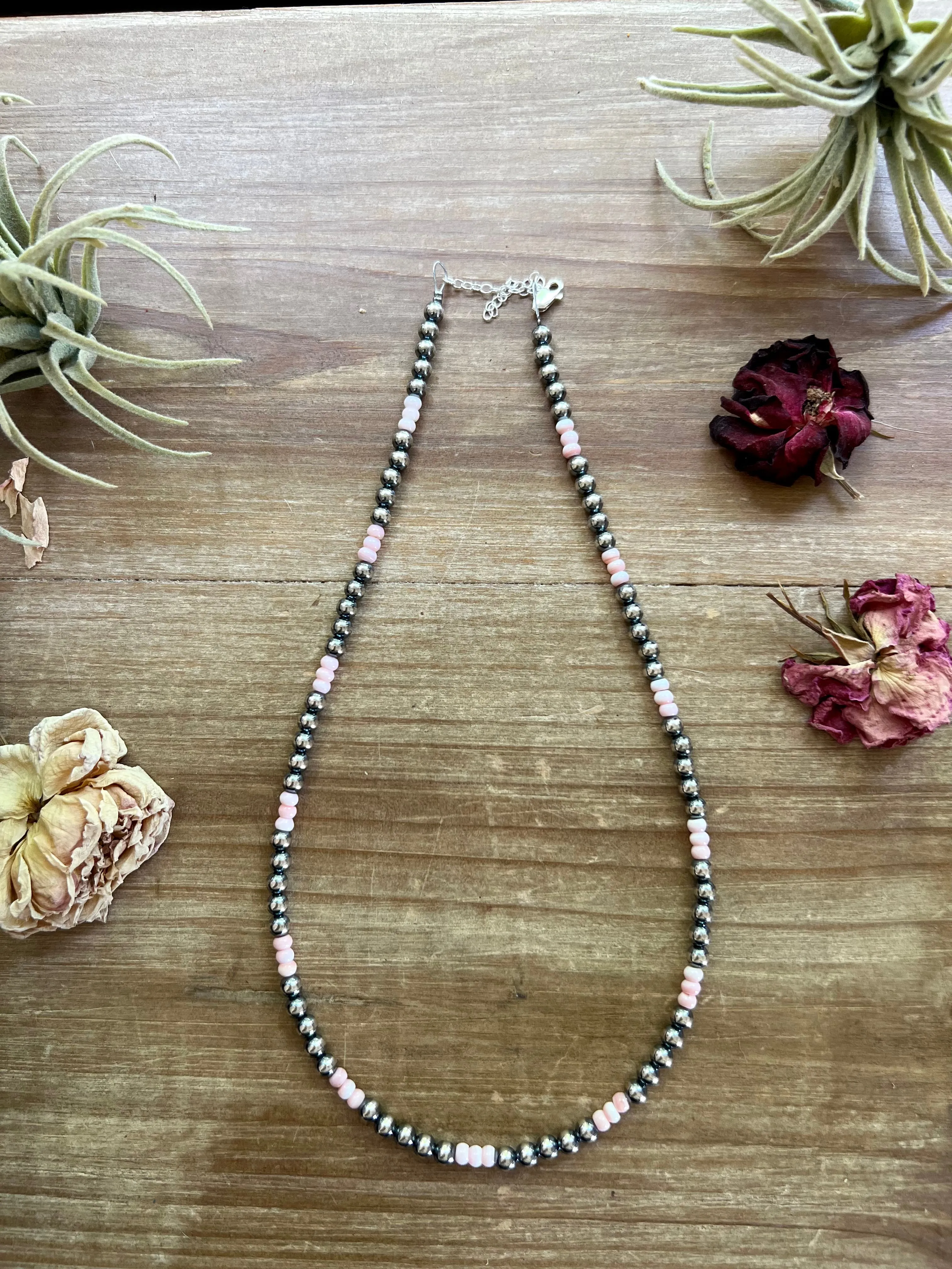 18 Inch 5 mm sterling silver pearls necklace with pink conch rondelle