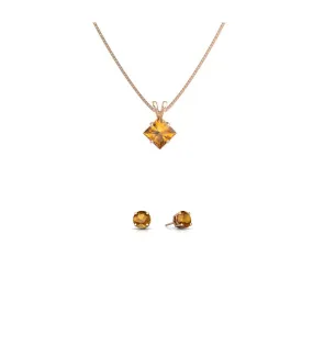 18K Rose Gold 2ct Citrine Square 18 Inch Necklace and Round Earrings Set Plated