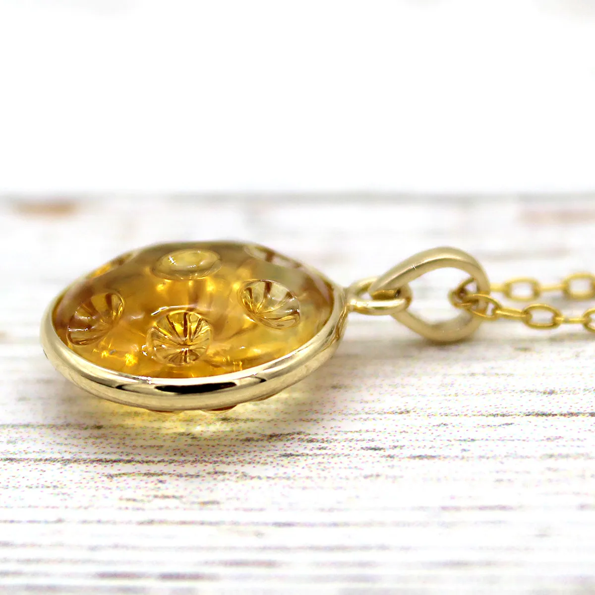 Carved Natural Citrine Round Pendant 18k Solid Yellow Gold