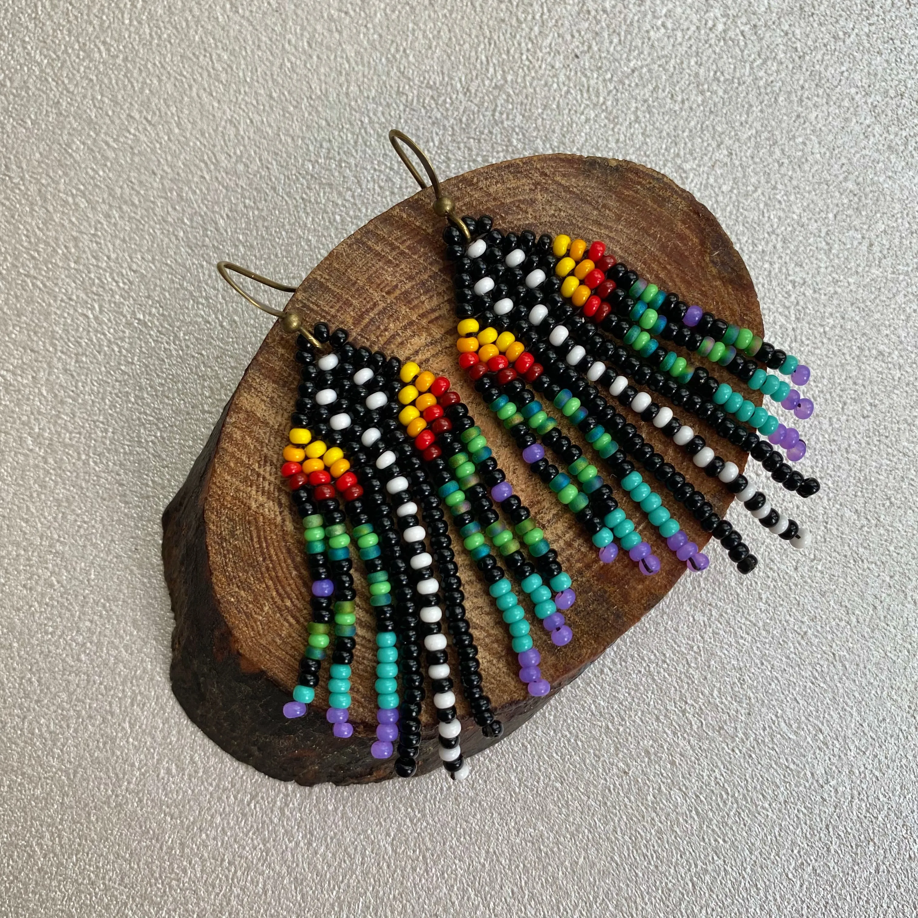 Colorful Small Fringe Seed Bead Earrings, Hippie Boho Chandelier Earrings for Women, Indigenous style Earrings Native inspired