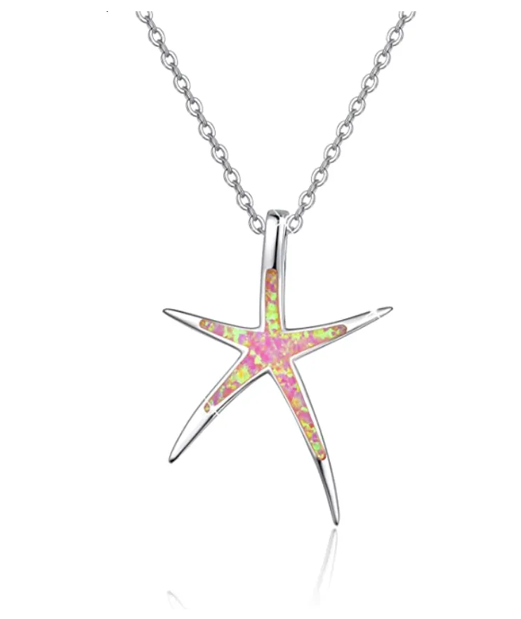 Cute Starfish Necklace Pendant Chain Star Fish Ocean Tropical Opal Jewelry Hawaiian Gift 925 Sterling Silver