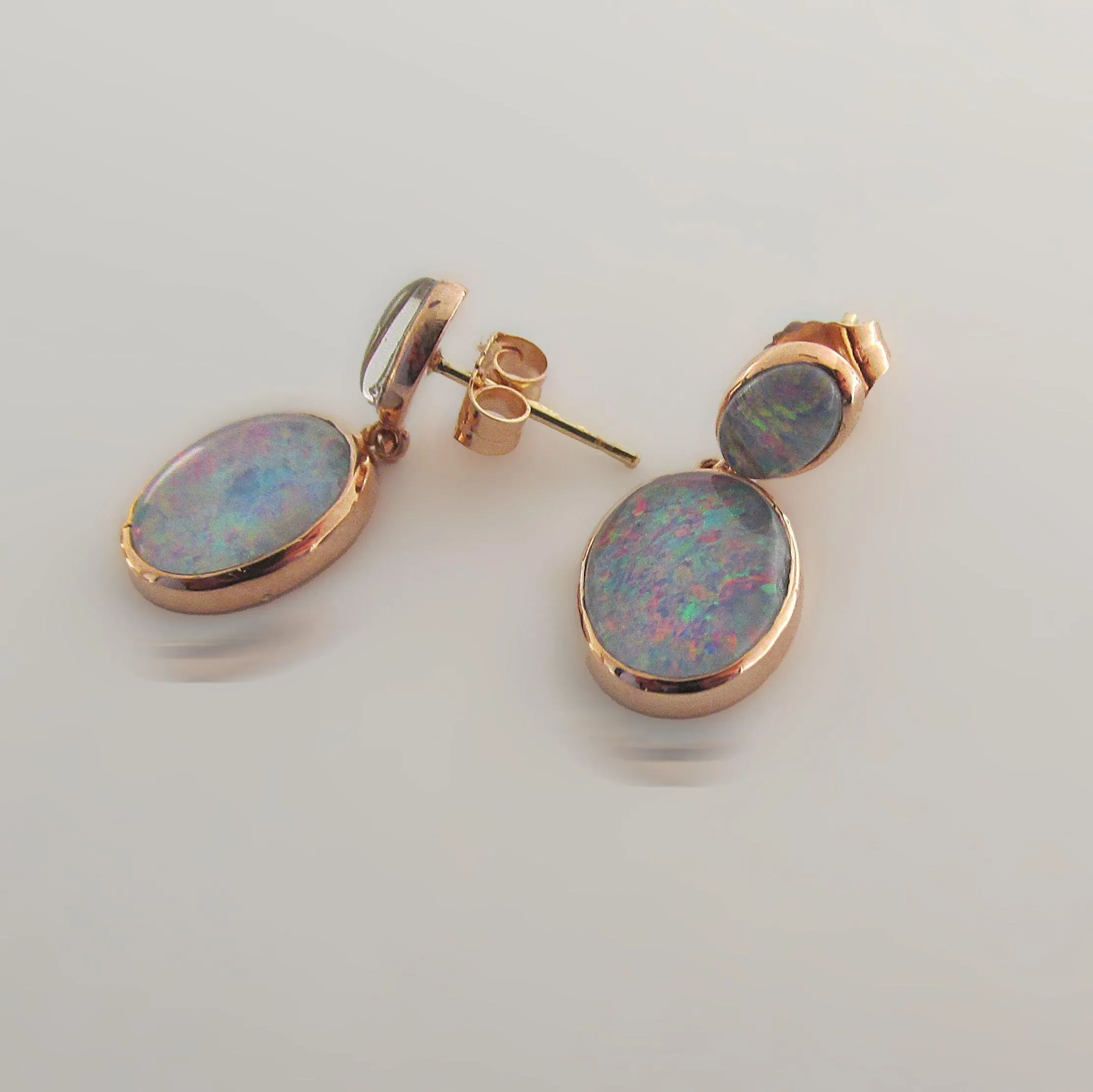 Double Triplet Fire Opal Drop Earrings 14K Rose Gold