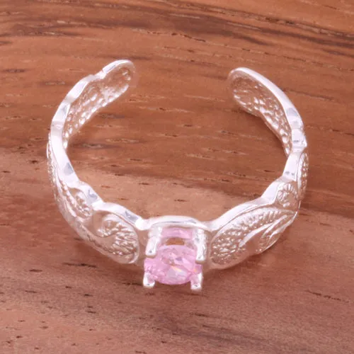 Hawaiian Scroll with Pink Round CZ Cut Out Edge Toe Ring