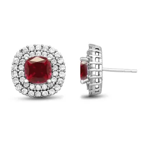 Jewelili Sterling Silver 7x7 MM Cushion Created Ruby and Round Created White Sapphire Stud Earrings