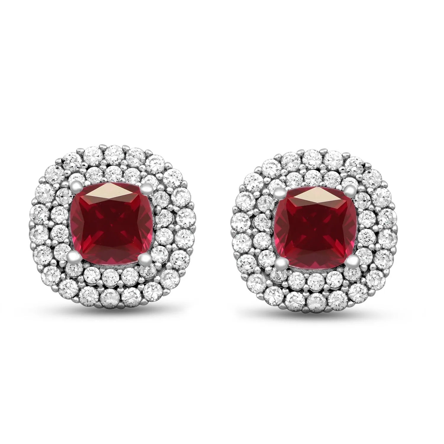 Jewelili Sterling Silver 7x7 MM Cushion Created Ruby and Round Created White Sapphire Stud Earrings