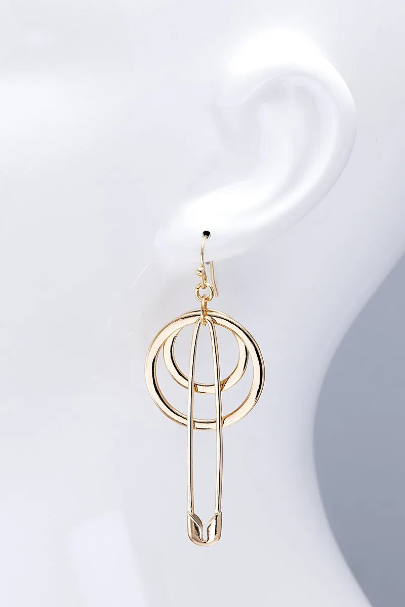 Layered Rings And Safety Pin Motif Dangle Earrings