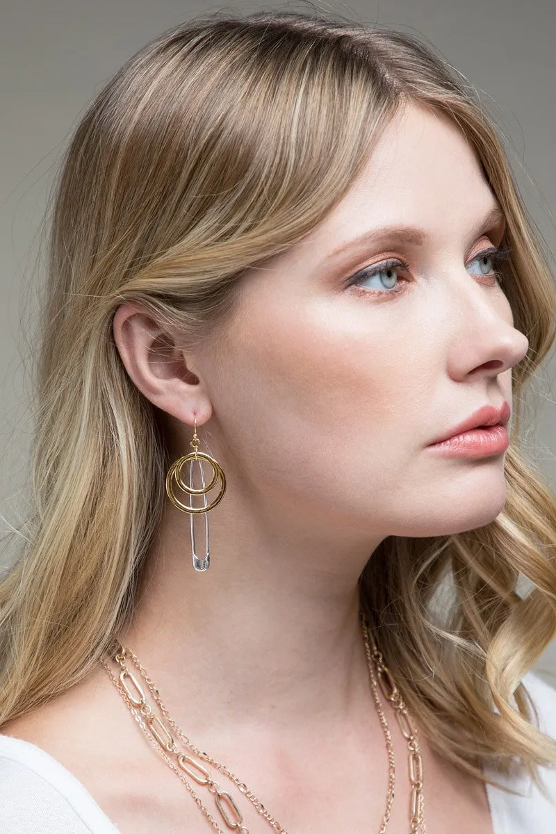 Layered Rings And Safety Pin Motif Dangle Earrings