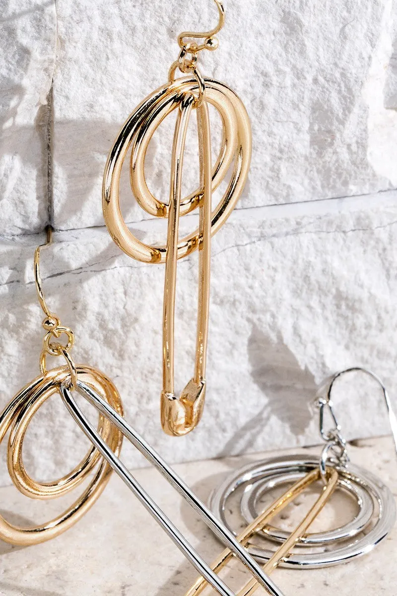 Layered Rings And Safety Pin Motif Dangle Earrings