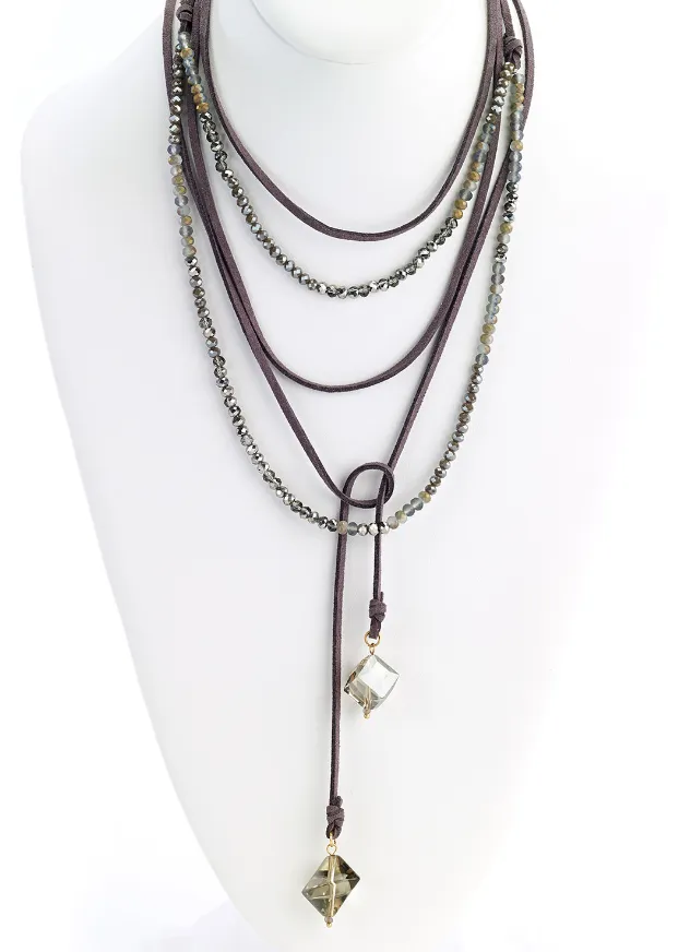 Multi-Wrap Leather Necklace with Faceted Beads