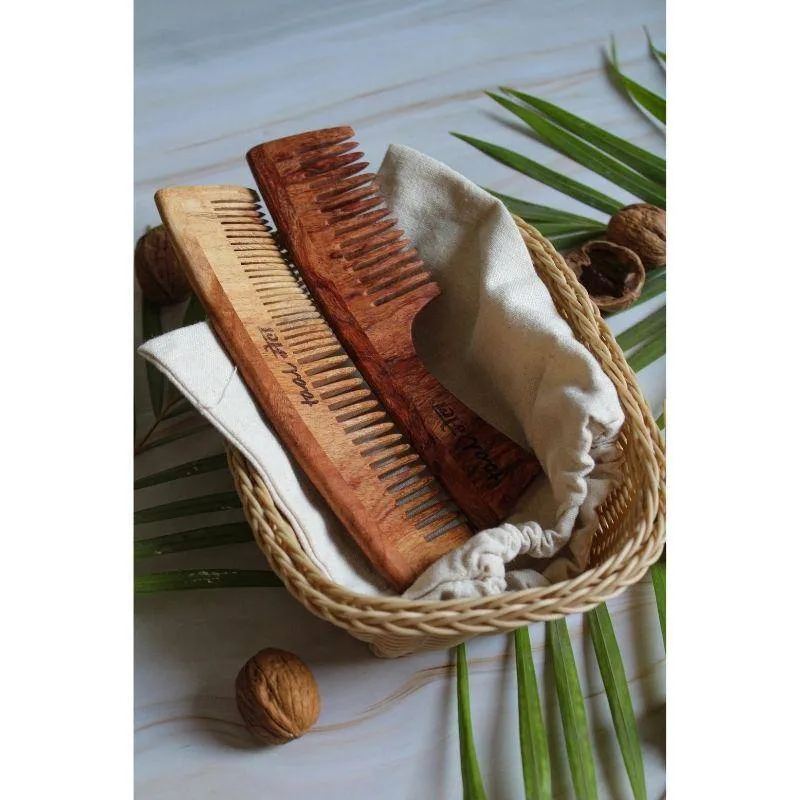 Neem wood Comb Pack of 2 - Handle  Dual Tooth Comb