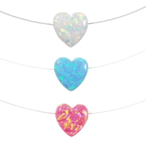 Opal Heart Necklace - Floating Illusion Opal Heart Pendant Fishing Line Choker