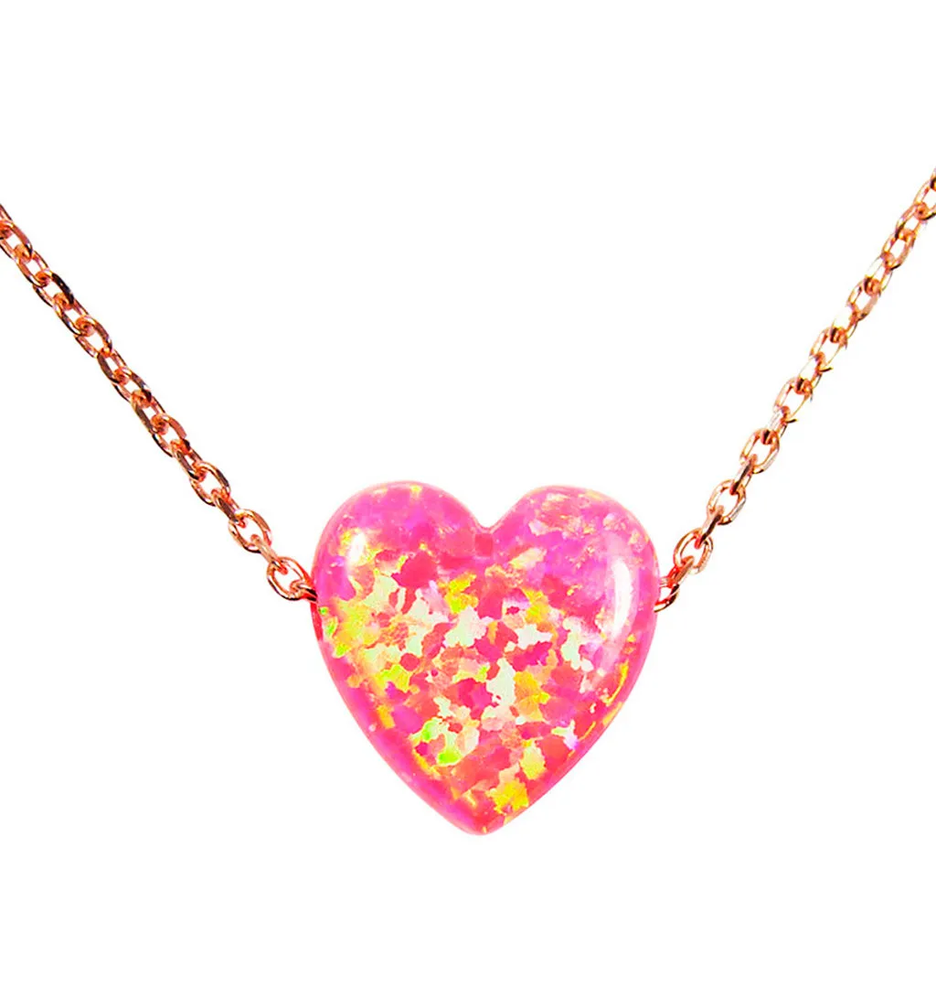Opal Heart Pendant Necklace Rose Gold Sterling Silver