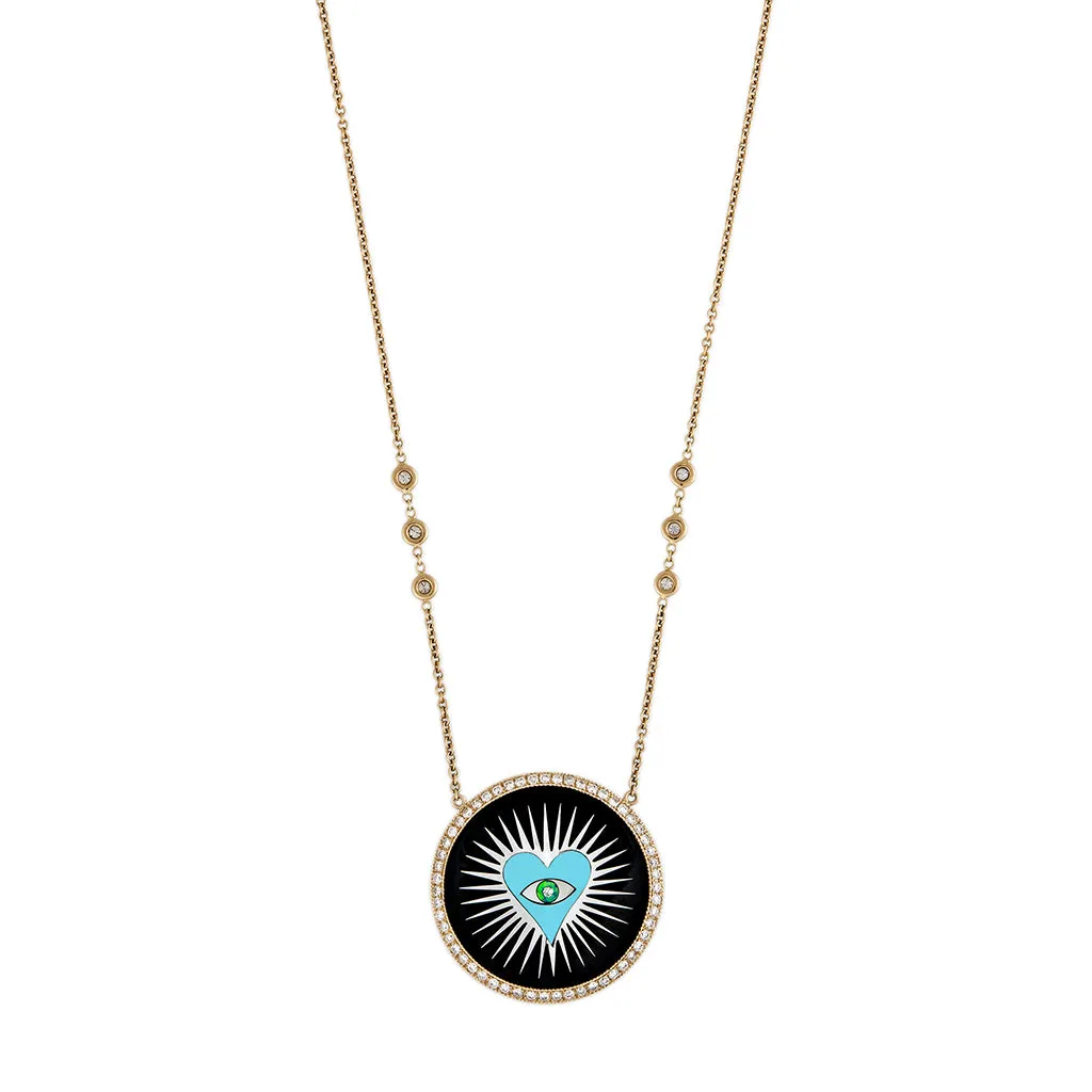 PAVE ONYX INLAY TURQUOISE HEART BURST NECKLACE