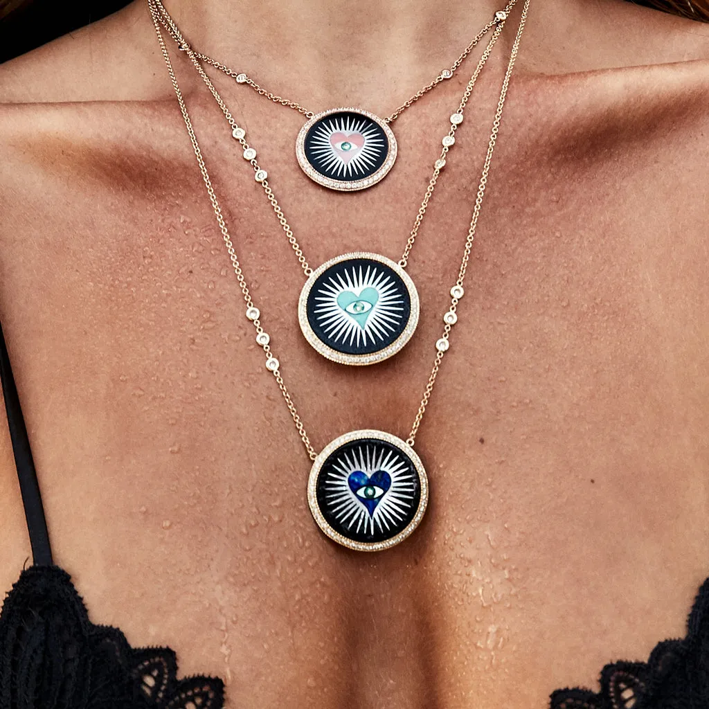 PAVE ONYX INLAY TURQUOISE HEART BURST NECKLACE