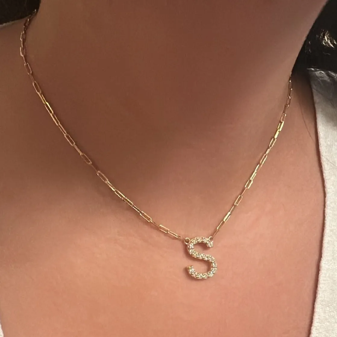 Sadie Initial CZ Necklace With Paperclip Chain