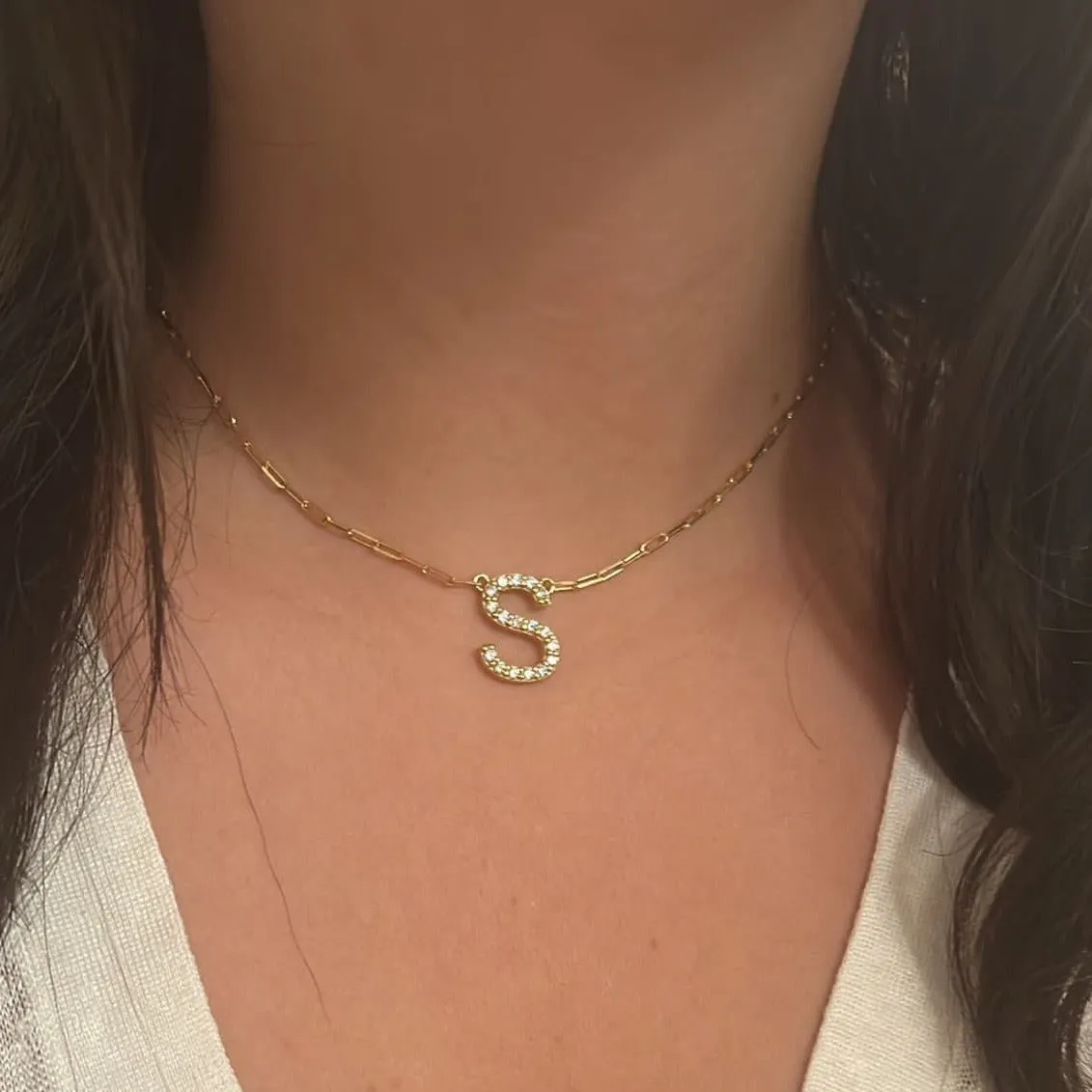 Sadie Initial CZ Necklace With Paperclip Chain