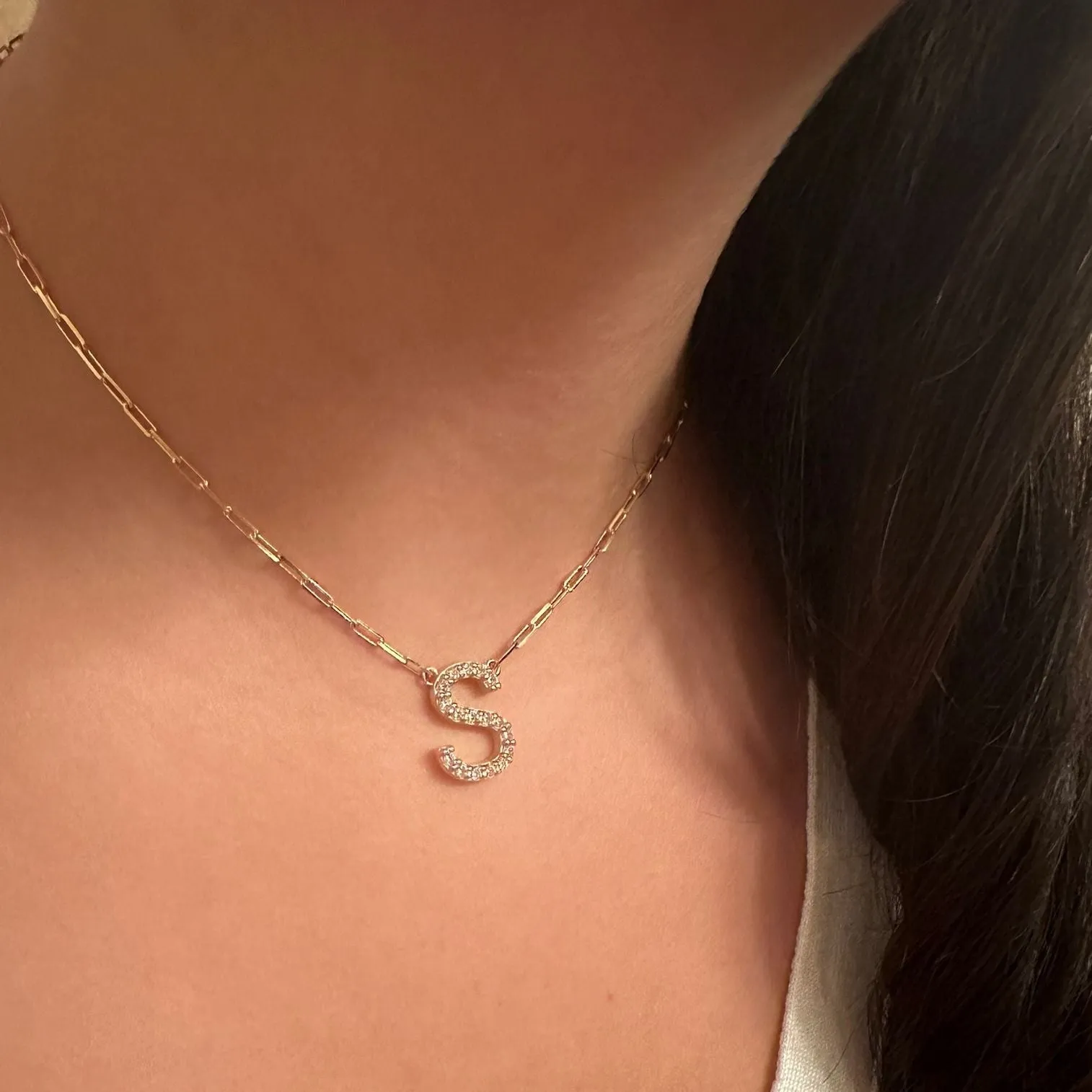 Sadie Initial CZ Necklace With Paperclip Chain