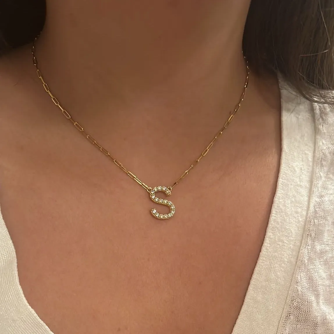 Sadie Initial CZ Necklace With Paperclip Chain