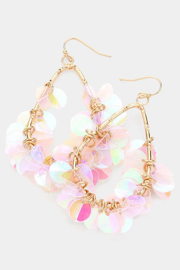 Sequin Fringe Teardrop Dangle Earrings - Light Blue / Aqua or Iridescent Clear