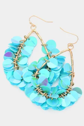Sequin Fringe Teardrop Dangle Earrings - Light Blue / Aqua or Iridescent Clear