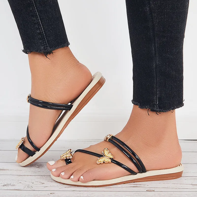 Sohiwoo Women Slip on Butterfly Toe Ring Flat Sandals Flip Flops with Clip Toe