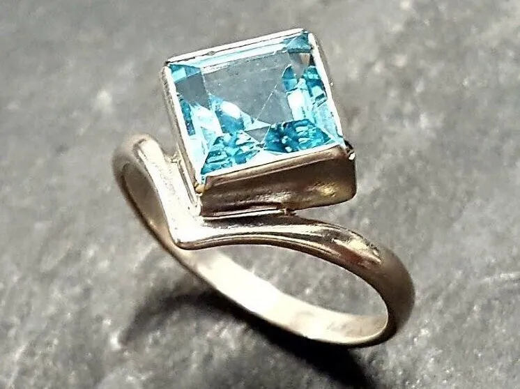 Square Blue Topaz Ring - Princess Cut Ring - Classy Bezel Ring