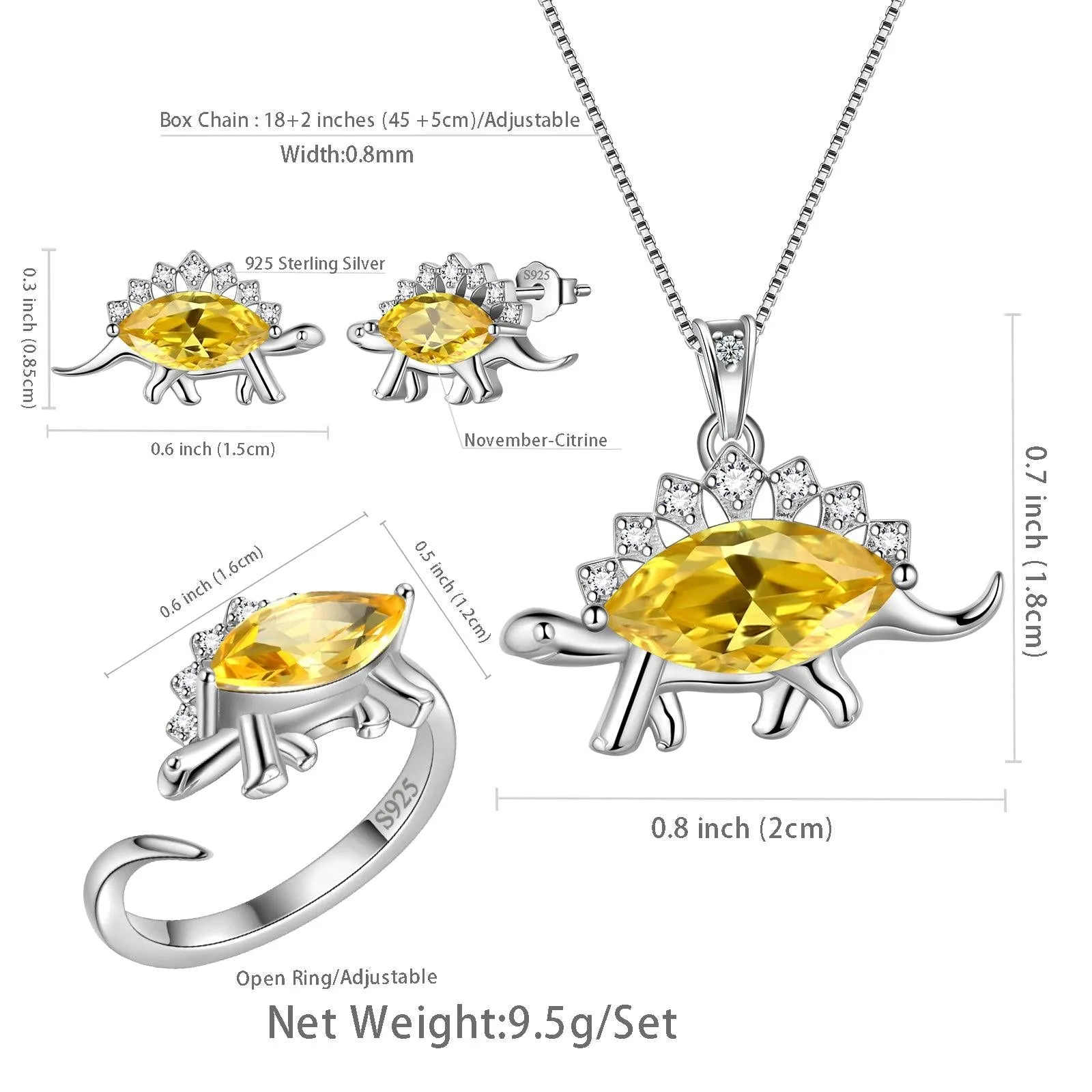 Stegosaurus Dinosaur Jewelry Set Earrings Necklace Ring Women Girls Jewelry Gift