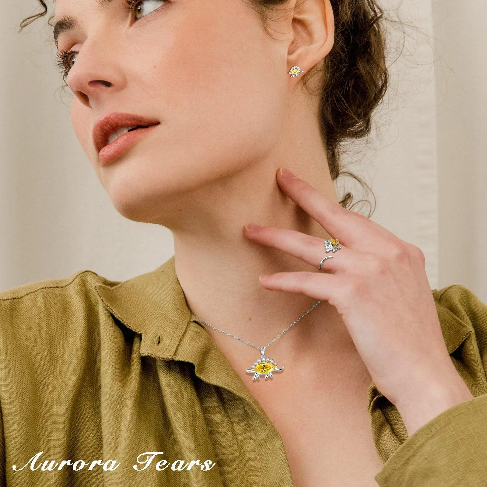 Stegosaurus Dinosaur Jewelry Set Earrings Necklace Ring Women Girls Jewelry Gift