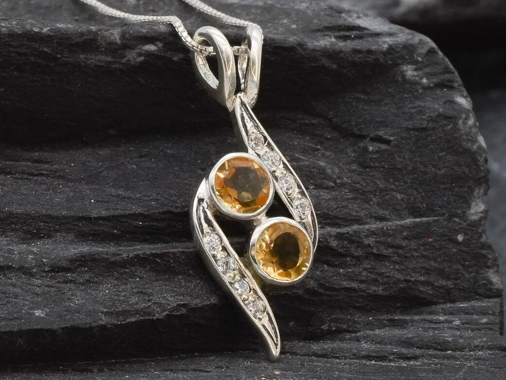 Two Stone Citrine Pendant - Yellow Vintage Necklace - November Birthstone Necklace