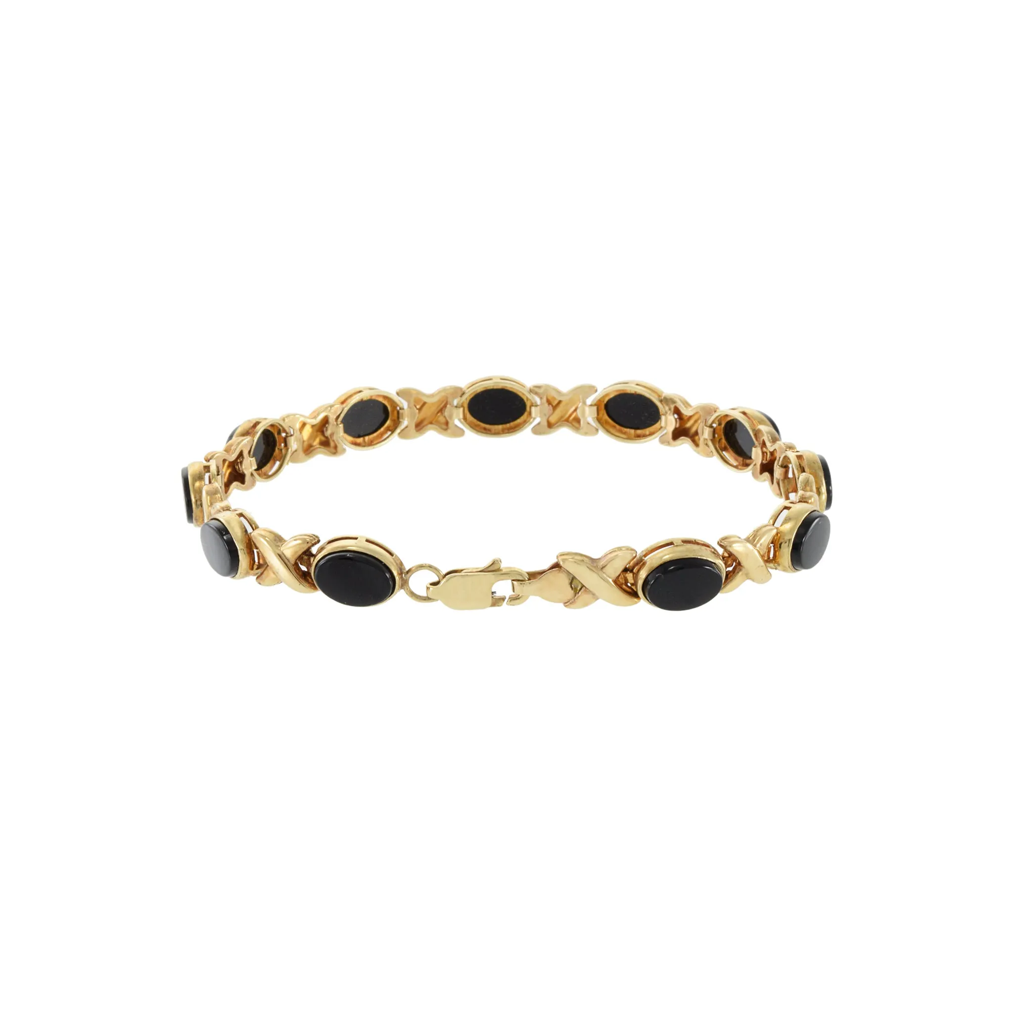 Vintage 14KT Yellow Gold Black Onyx X Pattern Link Bracelet