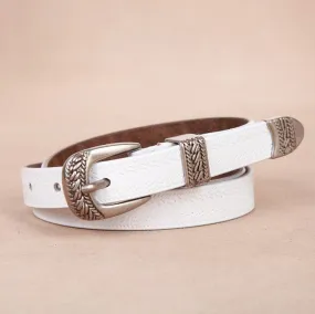 Western Cowgirl Belt Genuine Leather Etched Silver Metal Buckle 4 Sizes Available Metal Tip And Belt Loop Real Cowhide Choose White Black Ox Blood Red Dark Brown Or Camel Great With Jeans Maxi Dresses Kimonos Shorts